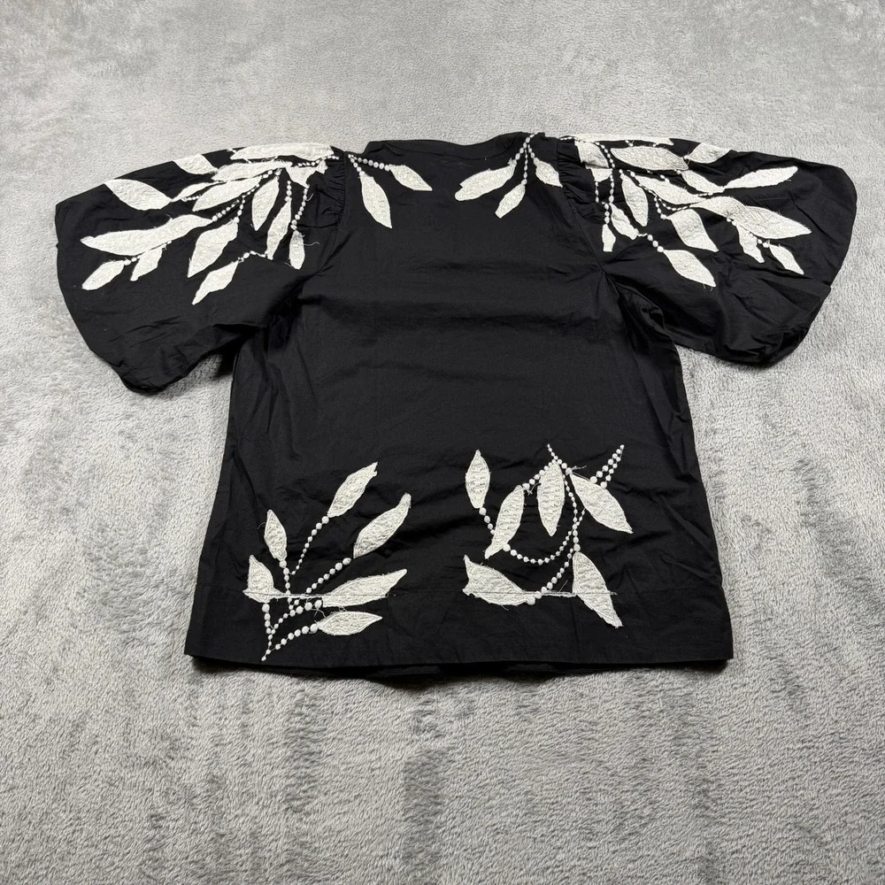 Anthropologie Puff Sleeve Blouse Women XXS Black Embroidered Split Neck NWT